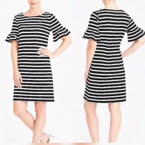 J. Crew Factory Dresses & Skirts - J.Crew Black/White Striped Shirt Ruffle Sleeve Coastal Nautical Dress Sz L